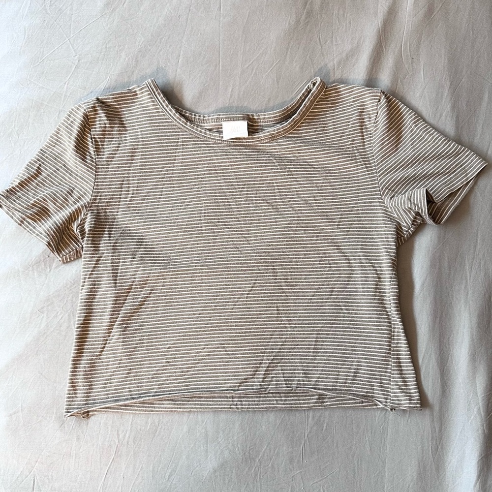 H&M Basica Gray/Green Striped Short Sleeve Tee